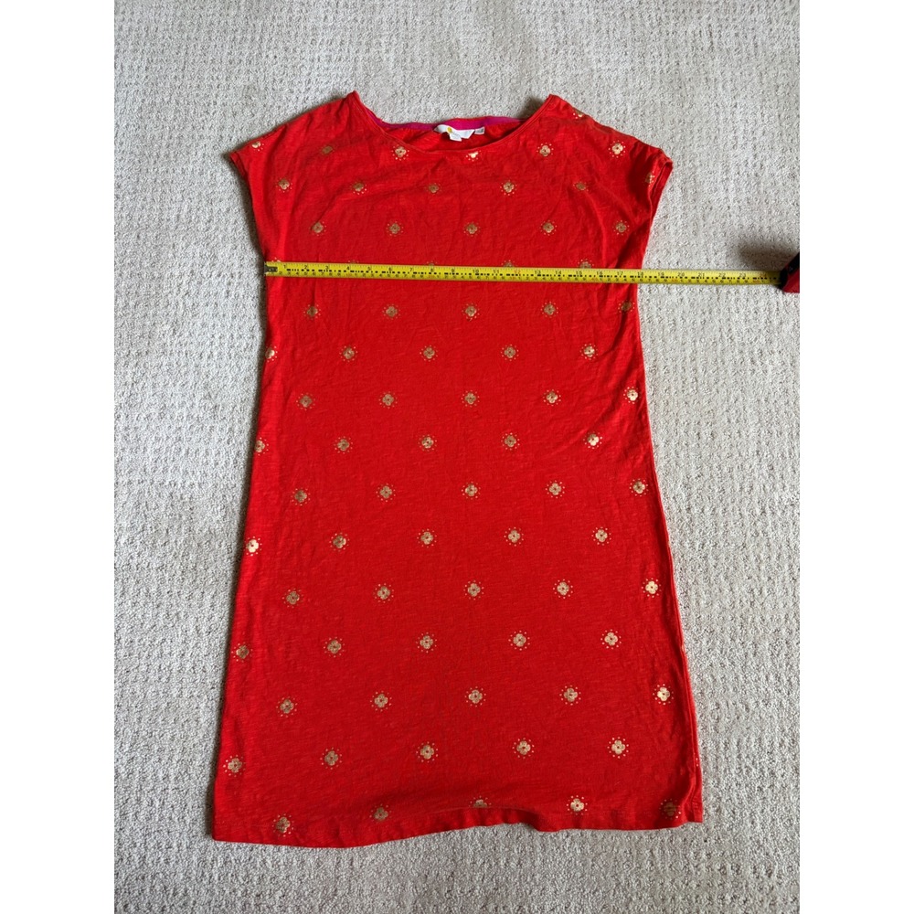 Boden Red Gold Foil Floral Sunburst Cotton Slub T-Shirt Shift‎ Dress Womens 2R